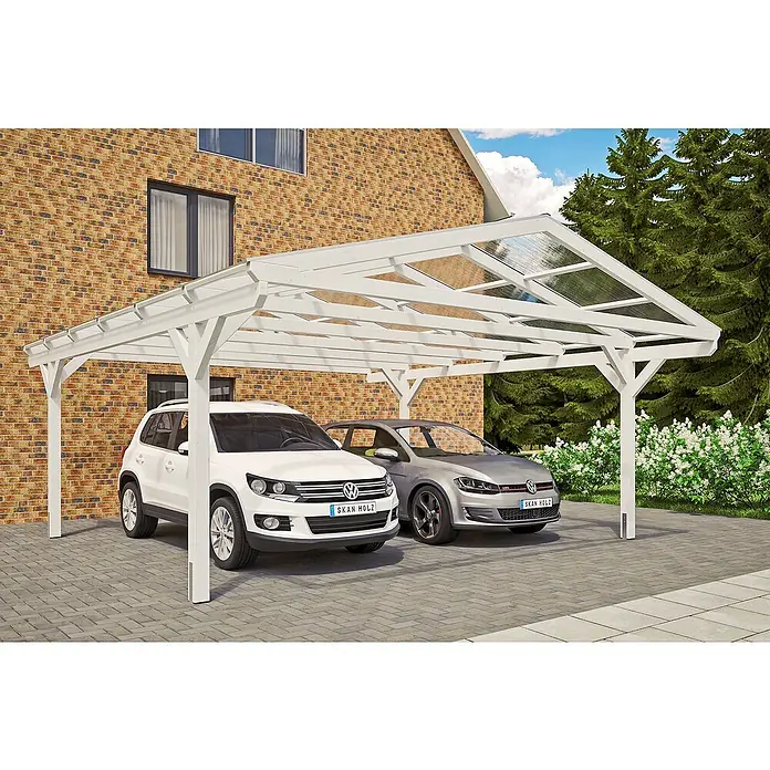 Skan Holz Doppelcarport Westerwald - L x B: 648 x 570 cm, Einfahrtshöhe: 220 cm, Weiß - Anwendungsbeispiel