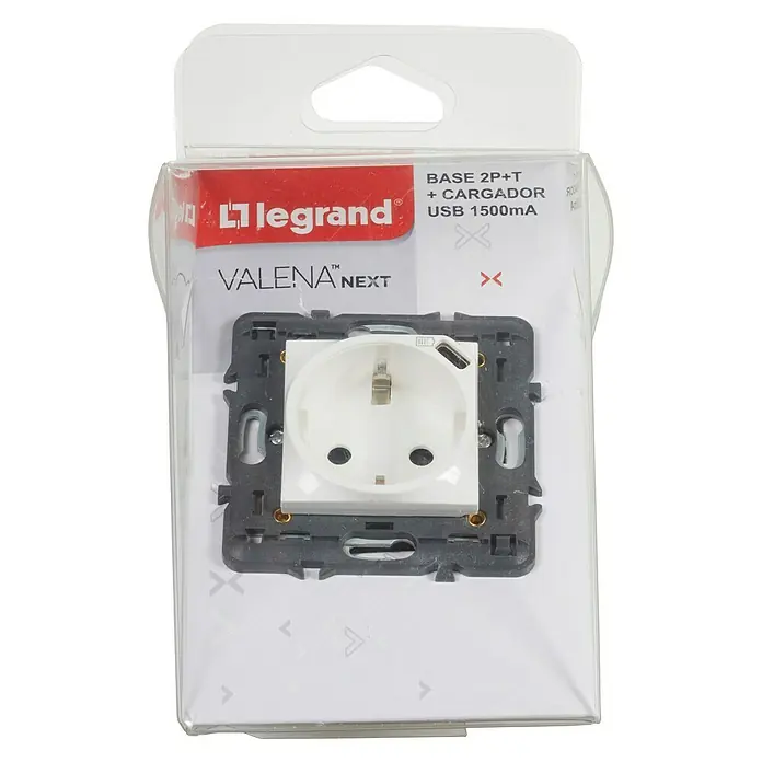 Legrand Valena Next Enchufe con USB - 2 Polos + Toma Tierra, Blanco, Metal, 16 A - Vista descendente
