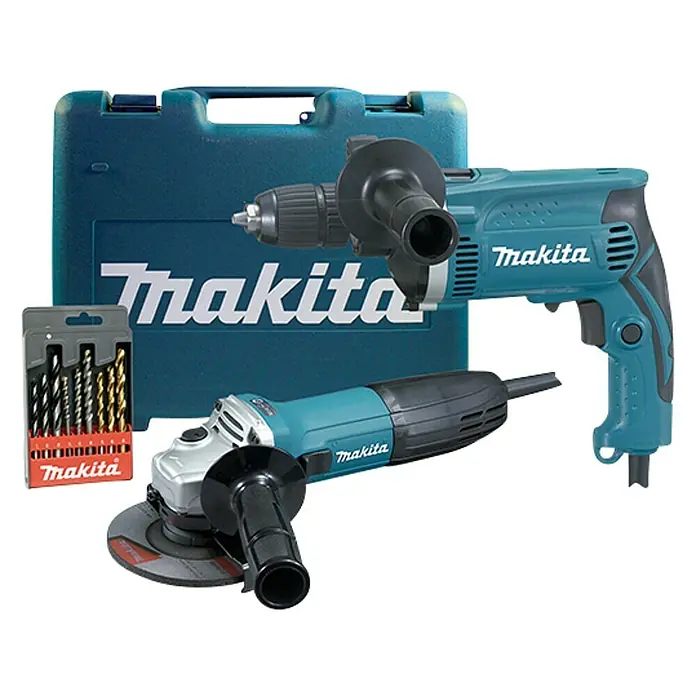 Makita Set de taladro percutor + miniamoladora DK0049X1 - 710 W, Número de revoluciones de marcha en vacío: 3.200 r.p.m. - Vista de perfil izquierdo