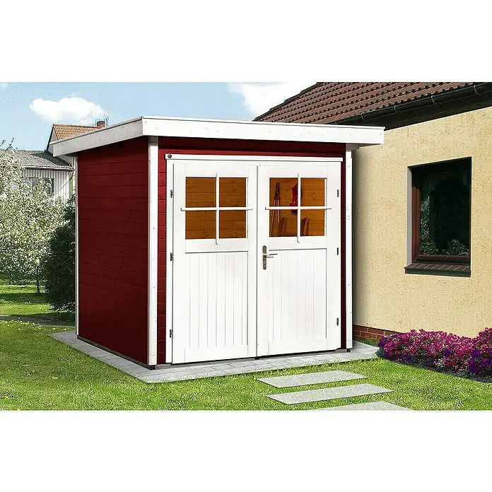 Weka Gartenhaus 227 - B x T: 229 x 253 cm, Holz, Wandstärke: 21 mm, Schwedenrot/Weiß - Stimmungsaufnahme