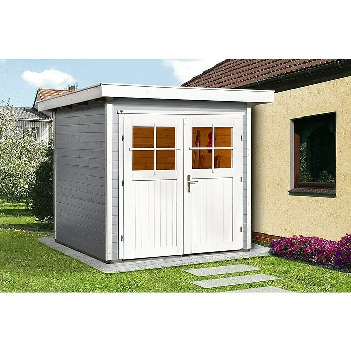 Weka Gartenhaus 227 - B x T: 229 x 253 cm, Holz, Wandstärke: 21 mm, Grau/Weiß - Stimmungsaufnahme
