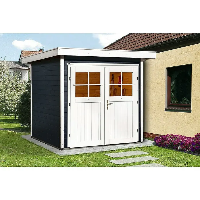 Weka Gartenhaus 227 - B x T: 229 x 253 cm, Holz, Wandstärke: 21 mm, Anthrazit/Weiß - Stimmungsaufnahme