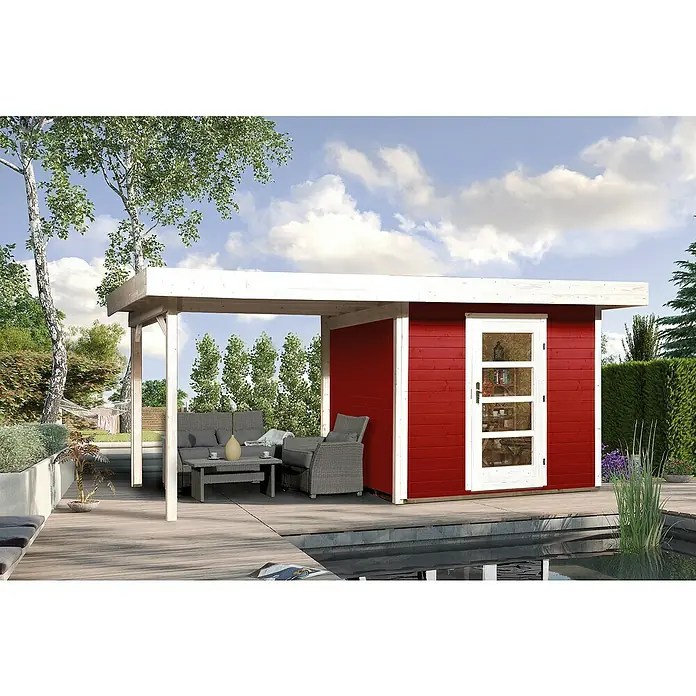 Weka Gartenhaus Designhaus 172 B + Anbau 300 cm - Holz, Wandstärke: 28 mm, Schwedenrot/Weiß - Stimmungsaufnahme