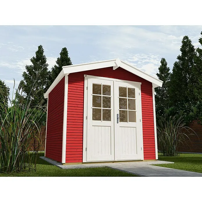 Weka Gartenhaus 218 - B x T: 320 x 239 cm, Holz, Wandstärke: 28 mm, Schwedenrot/Weiß - Stimmungsaufnahme