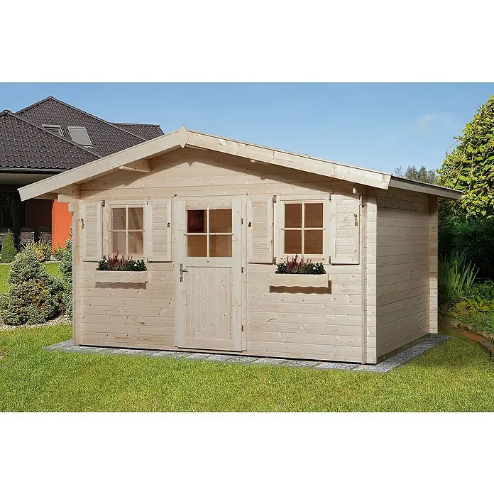 Weka Gartenhaus 110 - B x T: 460 x 374 cm, Holz, Wandstärke: 28 mm, Mit Vordach (60 cm) - Stimmungsaufnahme