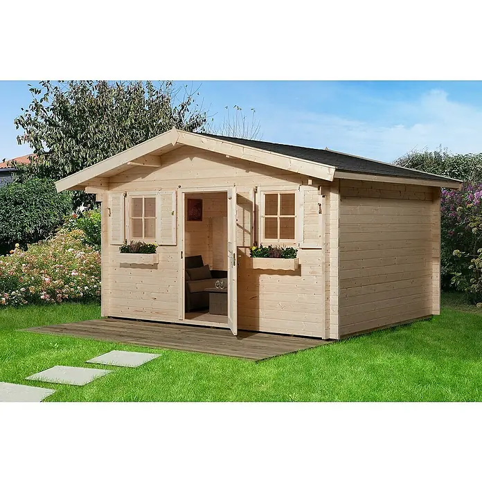 Weka Gartenhaus 135 - B x T: 460 x 454 cm, Holz, Wandstärke: 45 mm, Mit Vordach (60 cm) - Stimmungsaufnahme