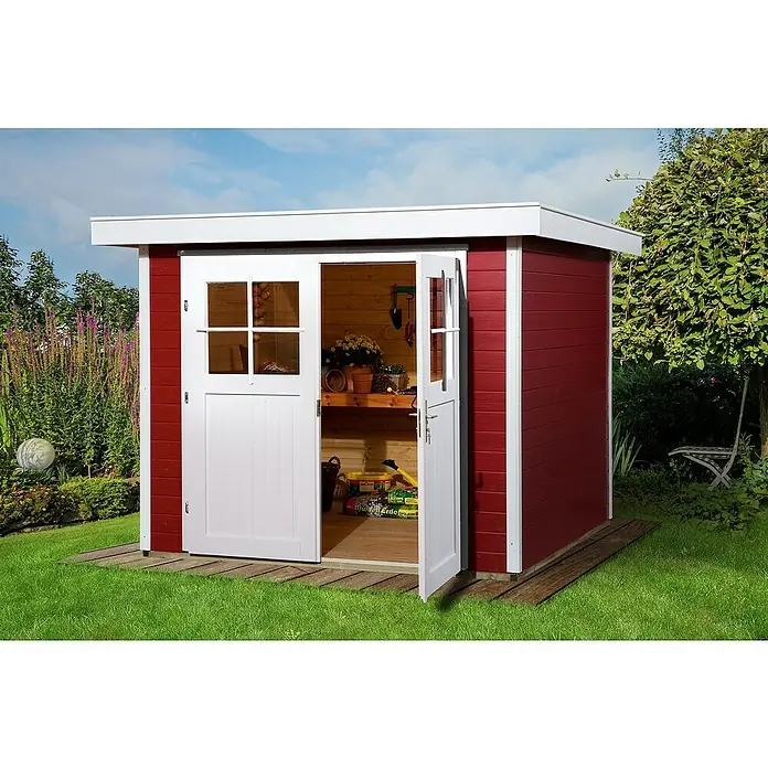 Weka Gartenhaus 227 - B x T: 259 x 284 cm, Holz, Wandstärke: 21 mm, Schwedenrot/Weiß - Stimmungsaufnahme
