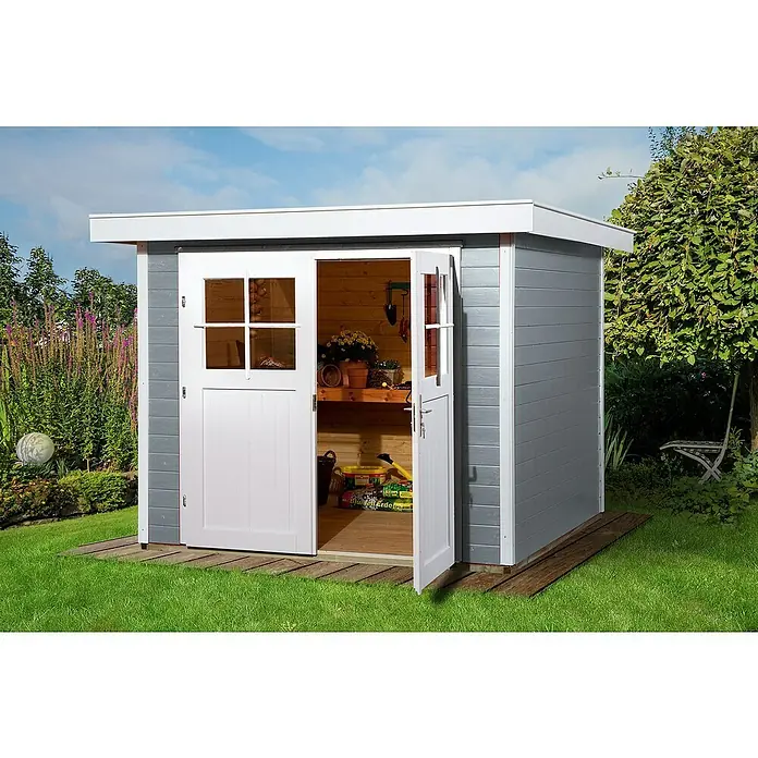 Weka Gartenhaus 227 - B x T: 259 x 284 cm, Holz, Wandstärke: 21 mm, Grau/Weiß - Stimmungsaufnahme