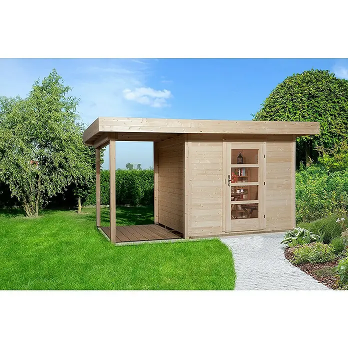 Weka Gartenhaus Designhaus 172 A + Anbau 150 cm - Holz, Wandstärke: 28 mm, Natur - Stimmungsaufnahme