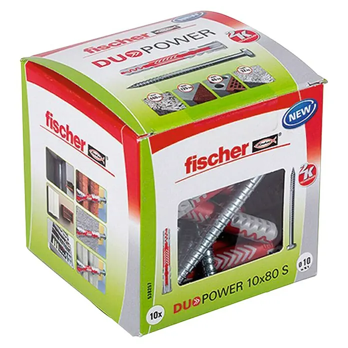Fischer Duopower Dübel- & Schraubenbox 10x80 S - Durchmesser Dübel: 10 mm, Länge Dübel: 80 mm, Inhalt: 10 Stk., Sechskantschraube - Diagonale Ansicht