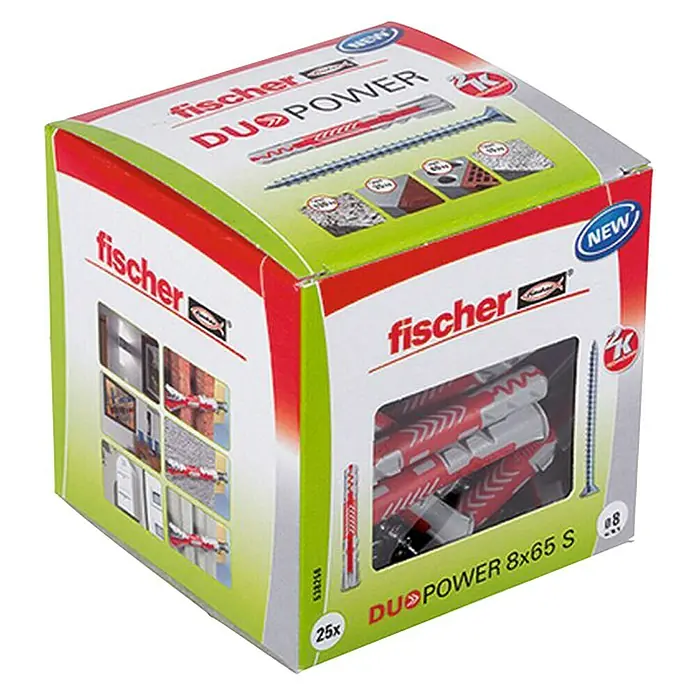 Fischer Duopower Dübel- & Schraubenbox 8x65 S LD - Durchmesser Dübel: 8 mm, Länge Dübel: 65 mm, Inhalt: 25 Stk., Senkkopfschraube - Diagonale Ansicht