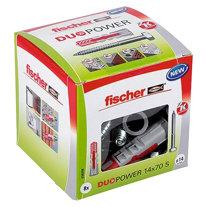 Fischer Duopower Dübel- & Schraubenbox 14x70 S LD - Durchmesser Dübel: 14 mm, Länge Dübel: 70 mm, Inhalt: 8 Stk., Sechskantschraube - Diagonale Ansicht