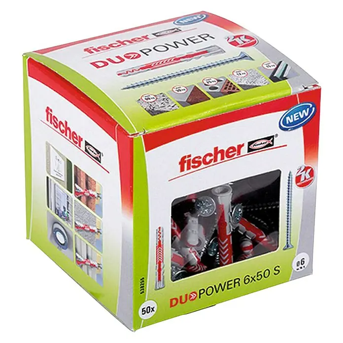 Fischer Duopower Dübel- & Schraubenbox 6 x 50 S LD - Durchmesser Dübel: 6 mm, Länge Dübel: 50 mm, Inhalt: 50 Stk., Senkkopfschraube - Diagonale Ansicht