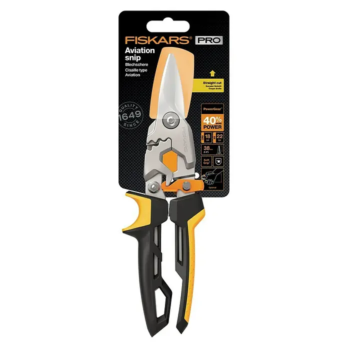Fiskars PowerGear Blechschere - Länge: 29,5 cm, Schnittlänge: 38,1 mm, Gerade, Schwarz/Gelb - Ansicht von oben