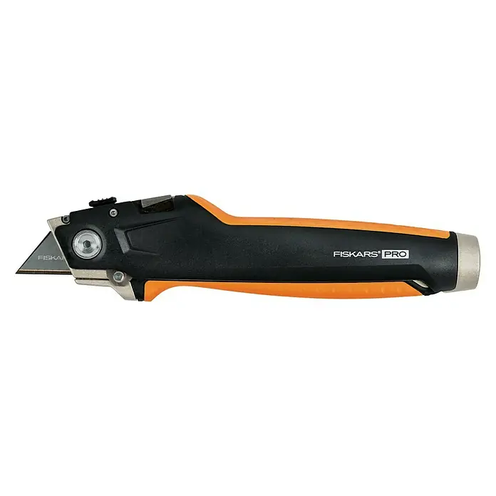 Fiskars CarbonMax Cúter Placas de yeso - Tipo de cuchilla: Cuchilla trapezoidal, 3 posiciones de la cuchilla, Negro/Naranja - Vista de perfil izquierdo