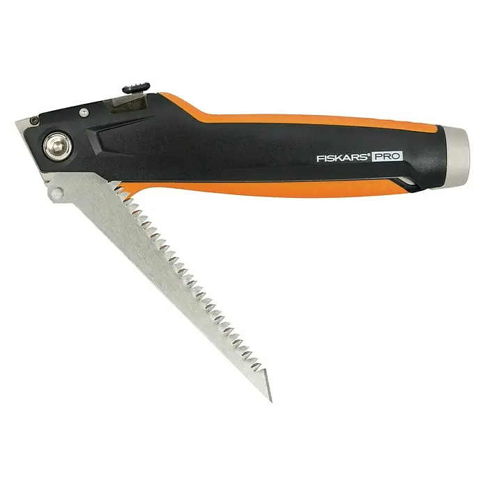 Fiskars CarbonMax Cúter Placas de yeso - Tipo de cuchilla: Cuchilla trapezoidal, 3 posiciones de la cuchilla, Negro/Naranja - Vista de perfil izquierdo