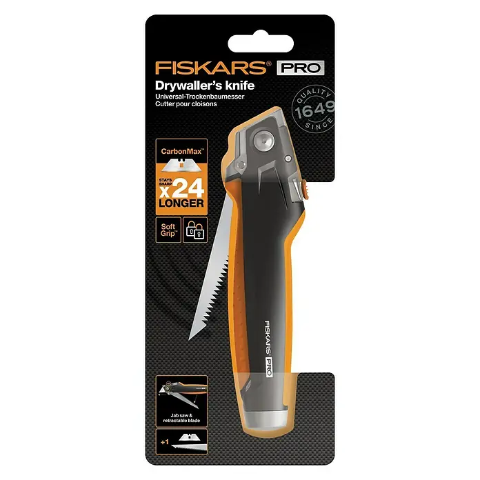 Fiskars CarbonMax Cúter Placas de yeso - Tipo de cuchilla: Cuchilla trapezoidal, 3 posiciones de la cuchilla, Negro/Naranja - Vista descendente