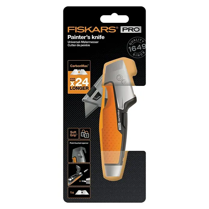 Fiskars CarbonMax Cúter Pintor - Tipo de cuchilla: Cuchilla trapezoidal, 3 posiciones de la cuchilla, Negro/Naranja - Vista descendente