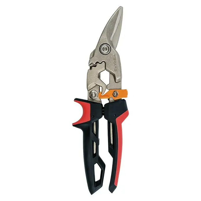 Fiskars PowerGear Tijeras para chapa - Largo: 29 cm, Longitud de corte: 38,1 mm, Corte a derecha, Negro/Rojo - Vista descendente
