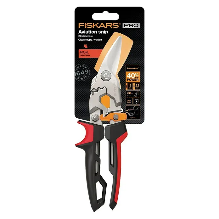 Fiskars PowerGear Tijeras para chapa - Largo: 29 cm, Longitud de corte: 38,1 mm, Corte a derecha, Negro/Rojo - Vista descendente