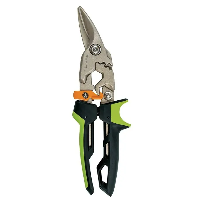 Fiskars PowerGear Tijeras para chapa - Largo: 29 cm, Longitud de corte: 38,1 mm, Corte a izquierda, Negro/Verde - Vista descendente