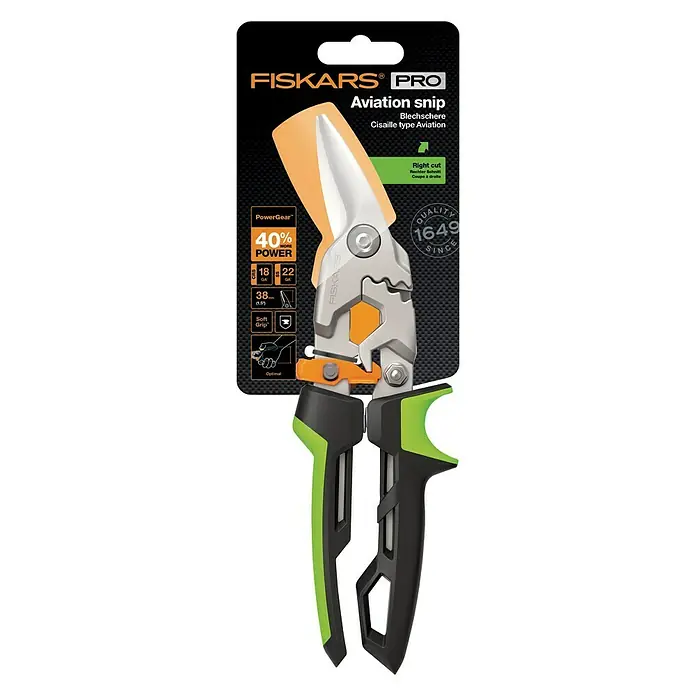 Fiskars PowerGear Tijeras para chapa - Largo: 29 cm, Longitud de corte: 38,1 mm, Corte a izquierda, Negro/Verde - Vista descendente