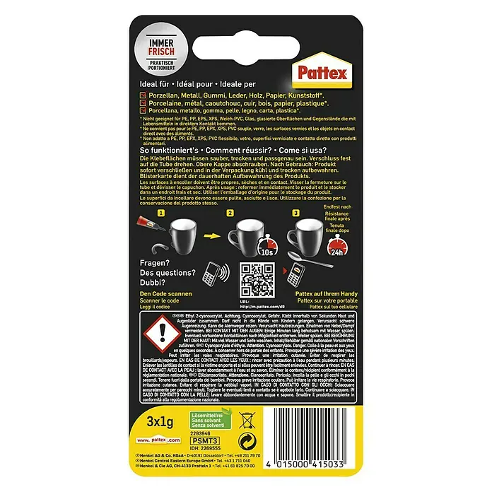 Pattex Sekundenkleber Mini Trio - 3 x 1 g, Flüssig - Rückansicht