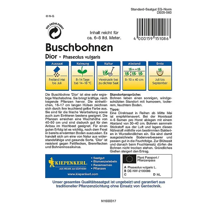 Kiepenkerl Profi-Line Gemüsesamen Buschbohne - Dior, Phaseolus vulgaris, Erntezeit: Juli - Rückansicht