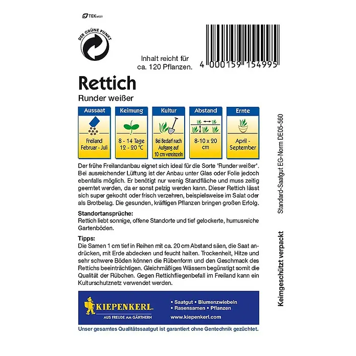 Kiepenkerl Gemüsesamen Rettich - Raphanus sativus, Runder weißer - Rückansicht