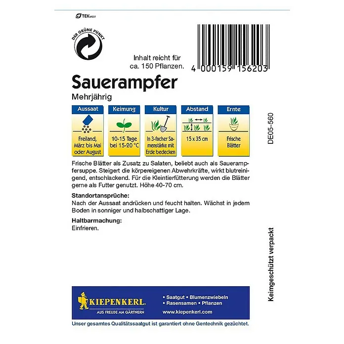 Kiepenkerl Gemüsesamen Sauerampfer - Rumex acetosa, Erntezeit: Juni - Rückansicht