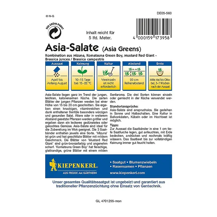 Kiepenkerl Profi-Line Salatsamenmischung Asia-Salate - Verschiedene Sorten, Erntezeit: Mai - Rückansicht