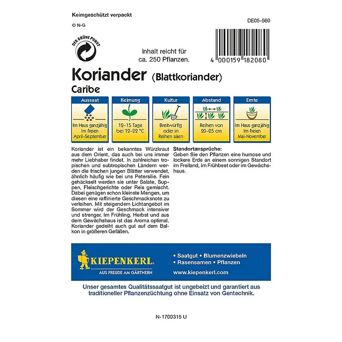 Kiepenkerl Profi-Line Kräutersamen Koriander Caribe - Coriandrum sativum, Saatzeit: April, Erntezeit: Mai - Rückansicht