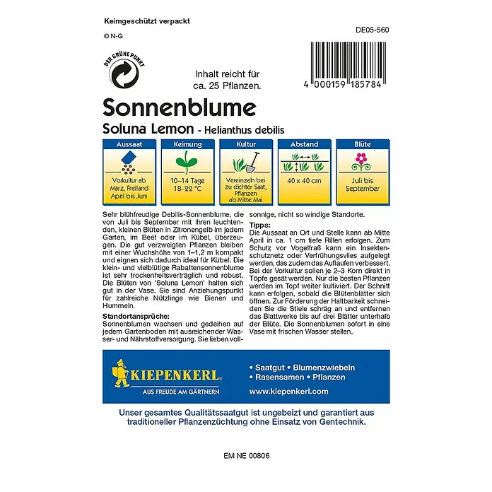 Kiepenkerl Blumensamen Sonnenblume - Helianthus debilis, Soluna Lemon, Blütezeit: Juli - Rückansicht