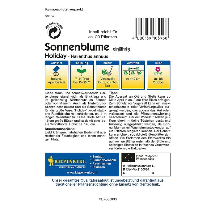 Kiepenkerl Profi-Line Blumensamen Sonnenblume - Helianthus annuus, Holiday, Blütezeit: Juli - Rückansicht