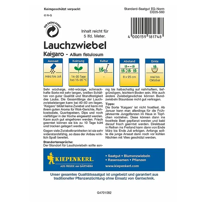Kiepenkerl Profi-Line Gemüsesamen Lauchzwiebel Kaigaro - Allium fistulosum, Erntezeit: Mai - Rückansicht
