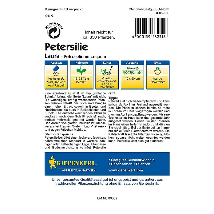 Kiepenkerl Profi-Line Kräutersamen Petersilie - Laura, Petroselinum crispum, Saatzeit: April, Erntezeit: Mai - Rückansicht