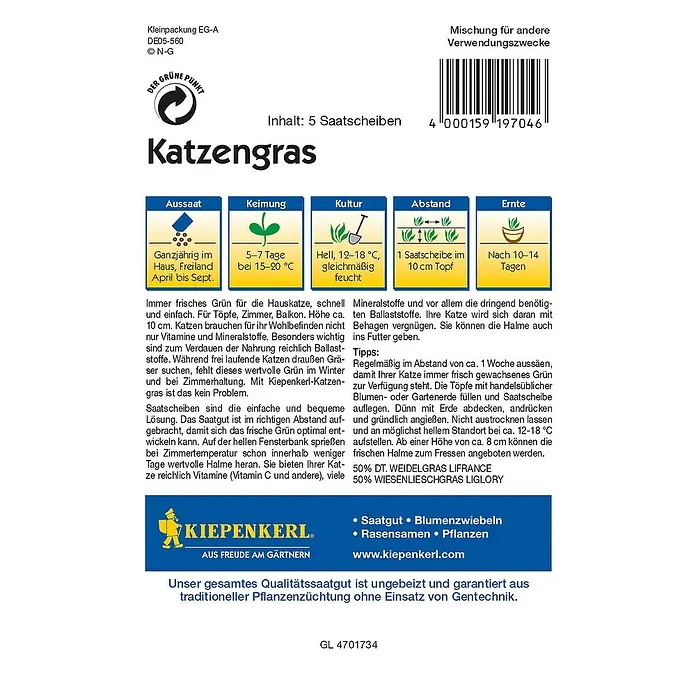 Kiepenkerl Profi-Line Saatgut Katzengras Saatscheibe - Verschiedene Sorten - Rückansicht