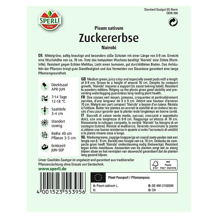 Sperli Gemüsesamen Zuckererbse Nairobi - Pisum sativum, Erntezeit: Juni - Rückansicht