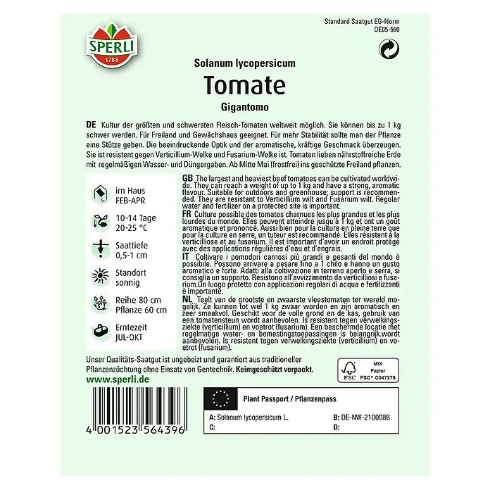 Sperli Gemüsesamen Tomate - Gigantomo, Solanum lycopersicum, Erntezeit: Juli - Rückansicht