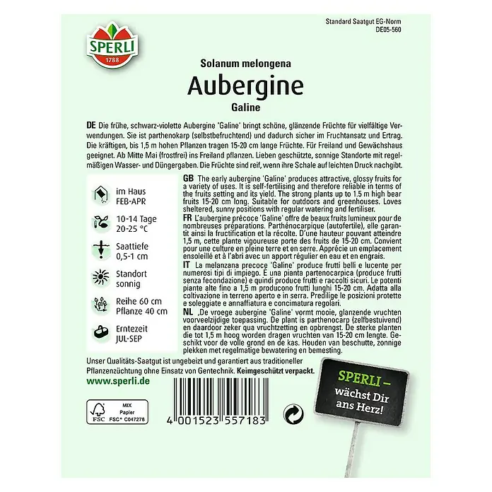 Sperli Gemüsesamen Aubergine Galine - Solanum melongena, Erntezeit: Juli - Rückansicht