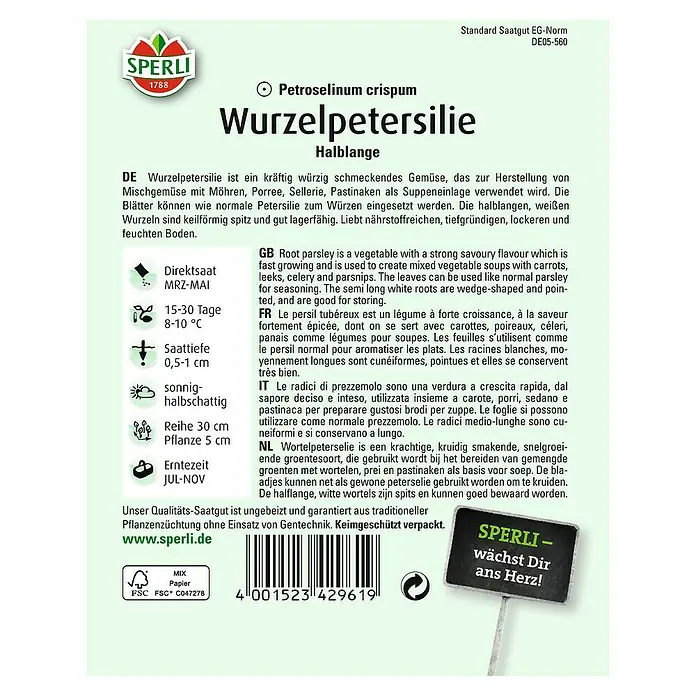 Sperli Gemüsesamen Wurzelpetersilie - Petroselinum crispum, Erntezeit: Juli - Rückansicht
