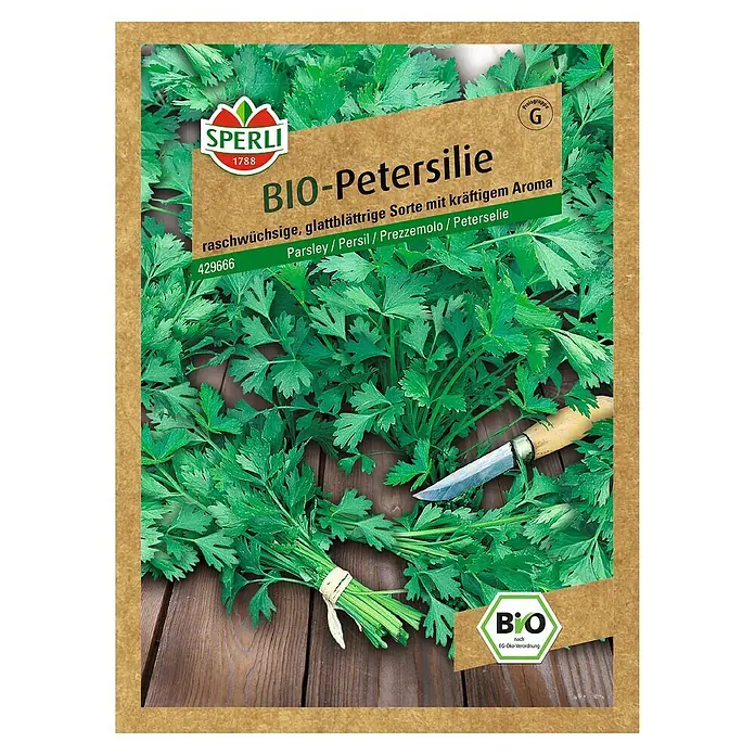 Sperli Kräutersamen Petersilie - Bio Petersilie glatt, Petroselinum crispum, Saatzeit: April, Erntezeit: Ganzjährig - Draufsicht