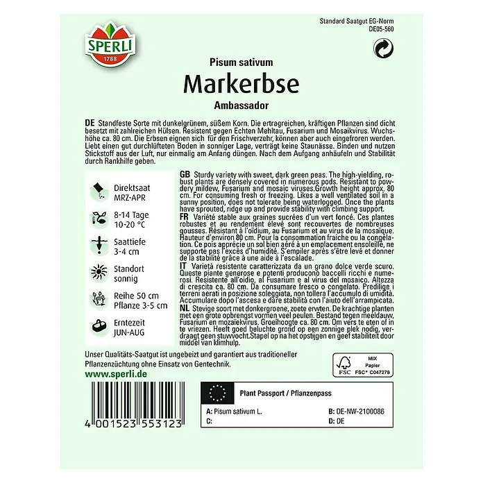 Sperli Gemüsesamen Markerbse - Pisum sativum, Erntezeit: Juni - Rückansicht