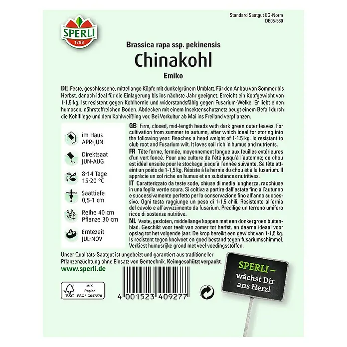 Sperli Gemüsesamen Chinakohl Emiko - Brassica rapa var. pekinensis, Erntezeit: Juli - Rückansicht