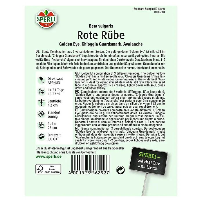 Sperli Gemüsesamen Rote Rübe - Golden Eye, Beta vulgaris, Erntezeit: Juli - Rückansicht