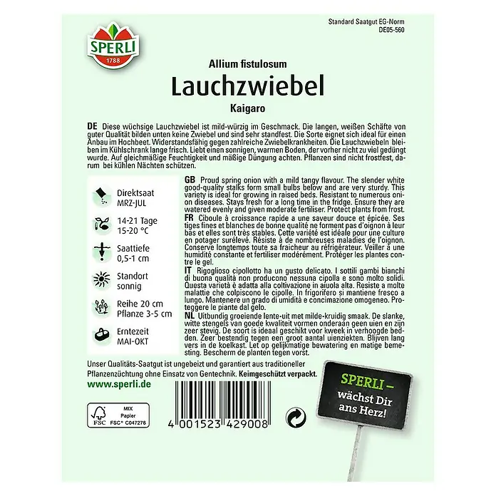 Sperli Gemüsesamen Lauchzwiebel Kaigaro - Allium fistulosum, Erntezeit: Mai - Rückansicht