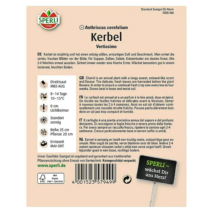 Sperli Kräutersamen Kerbel Vertissimo - Anthriscus cerefolium, Saatzeit: März, Erntezeit: Mai - Rückansicht
