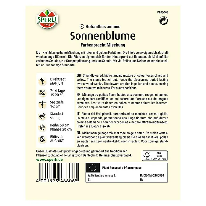 Sperli Blumensamen Sonnenblume - Farbenpracht Mix, Helianthus annuus, Blütezeit: August - Rückansicht