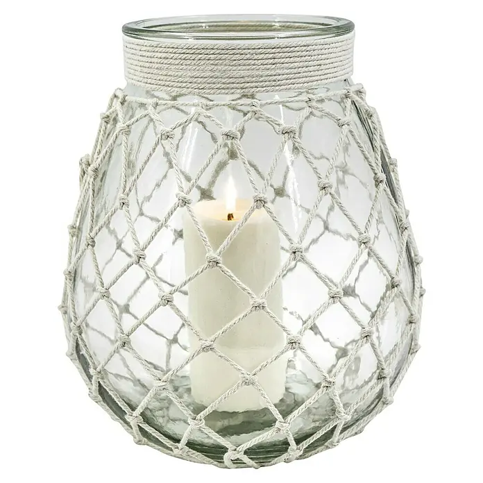 Windlicht Makramee - Creme, L, Glas - Vorderansicht