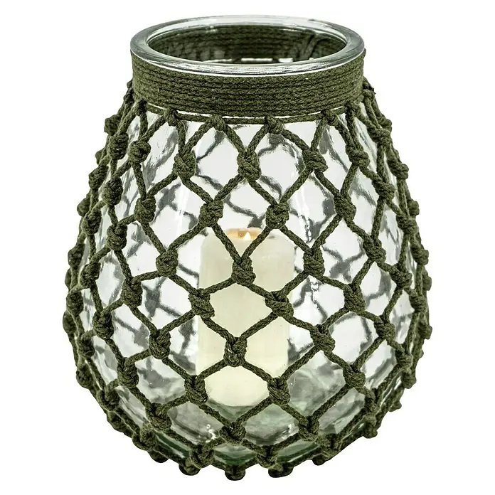 Windlicht Makramee - Grün, L, Glas - Vorderansicht